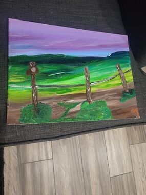 Hand-Painted Landscape Canvas Art in Green and Purple